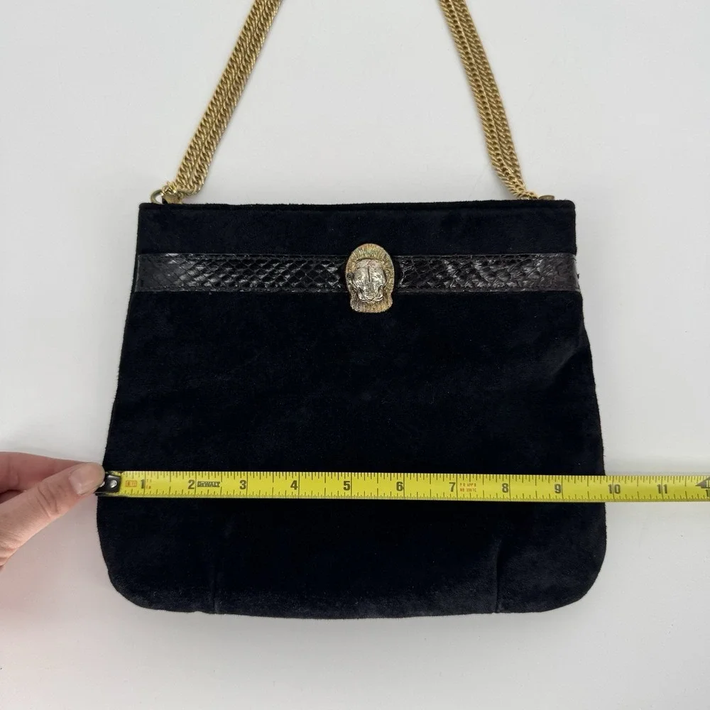 Vintage Ruth Saltz Handbag Purse Suede‎ Snake Print Trim Black Cougar Chain